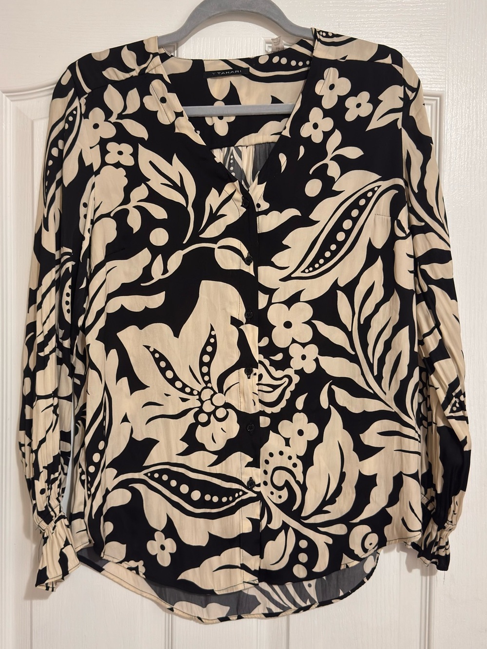 T Tahari Black and Cream Floral Button-Down Shirt